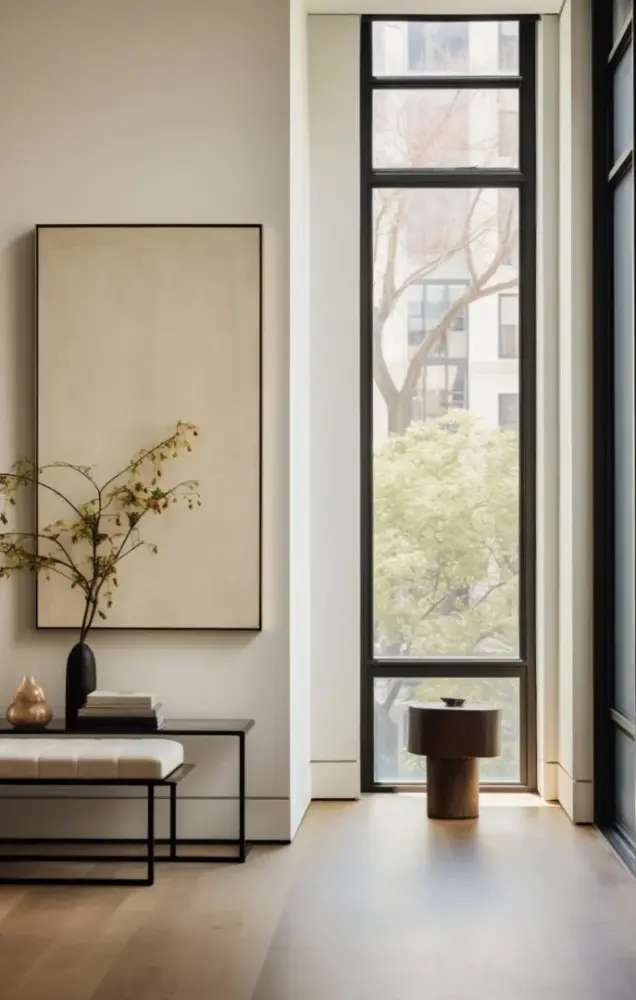 Modern minimalist interior with large window and simple decor